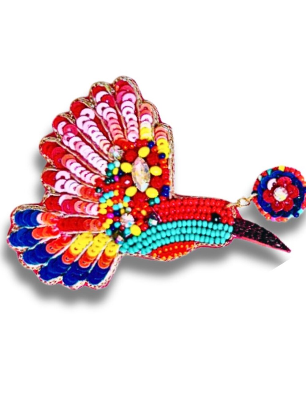 Seed Beaded Hummingbird Statement Earrings Bold Tropical Summer Glam Dangle Boho - Picture 6 of 8